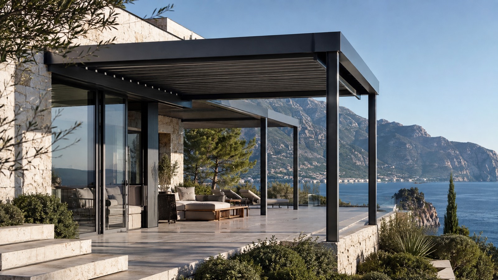 Steel pergola over a villa terrace overlooking the Adriatic — completed structure