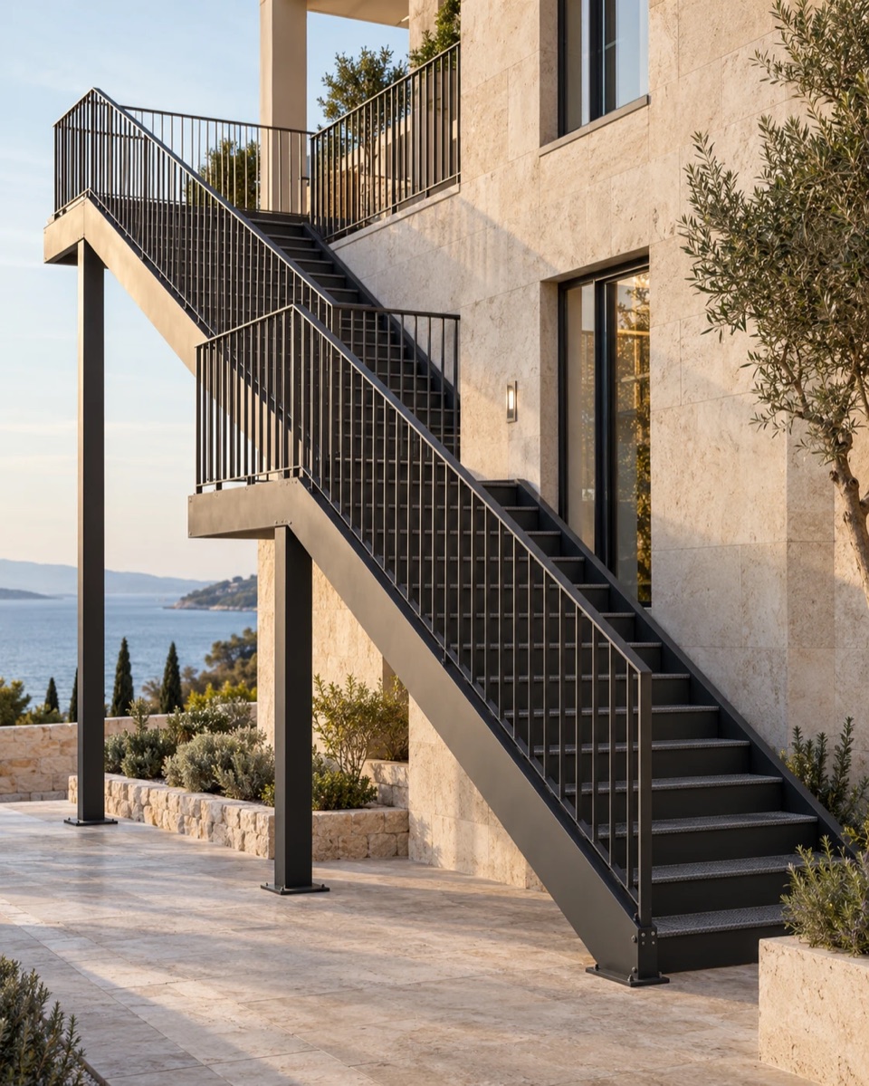 External metal staircase with railings along a building façade