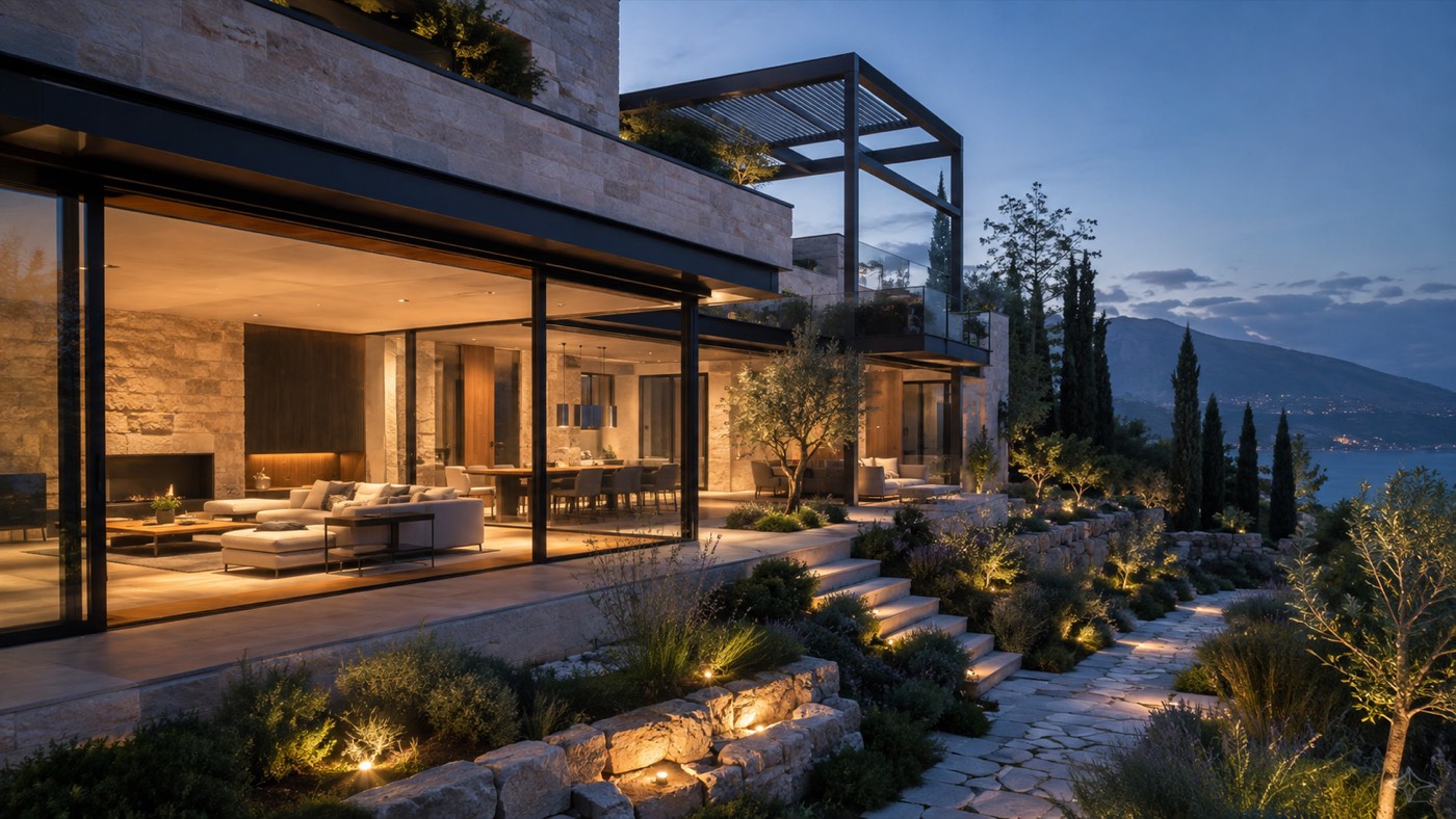 3D visualization of a coastal house at dusk