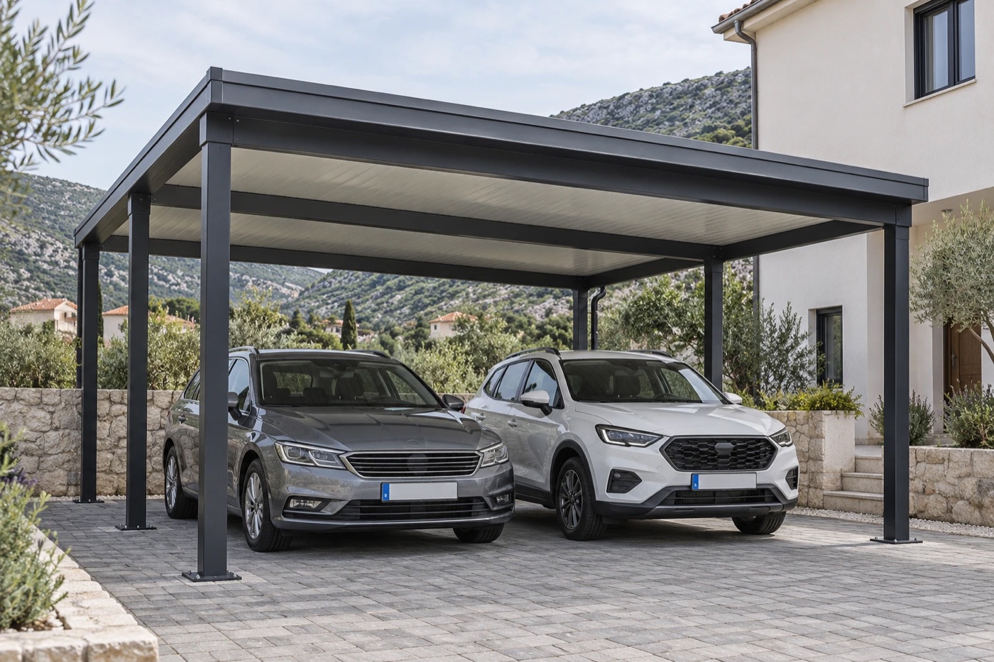 Carport for two cars on steel columns with polycarbonate roofing