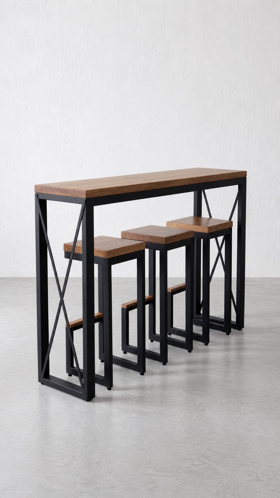 Black steel bar table with a wooden top and three stools