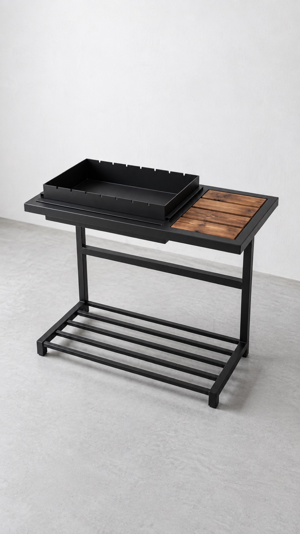 Steel grill table with a removable tray, wooden top and lower shelf