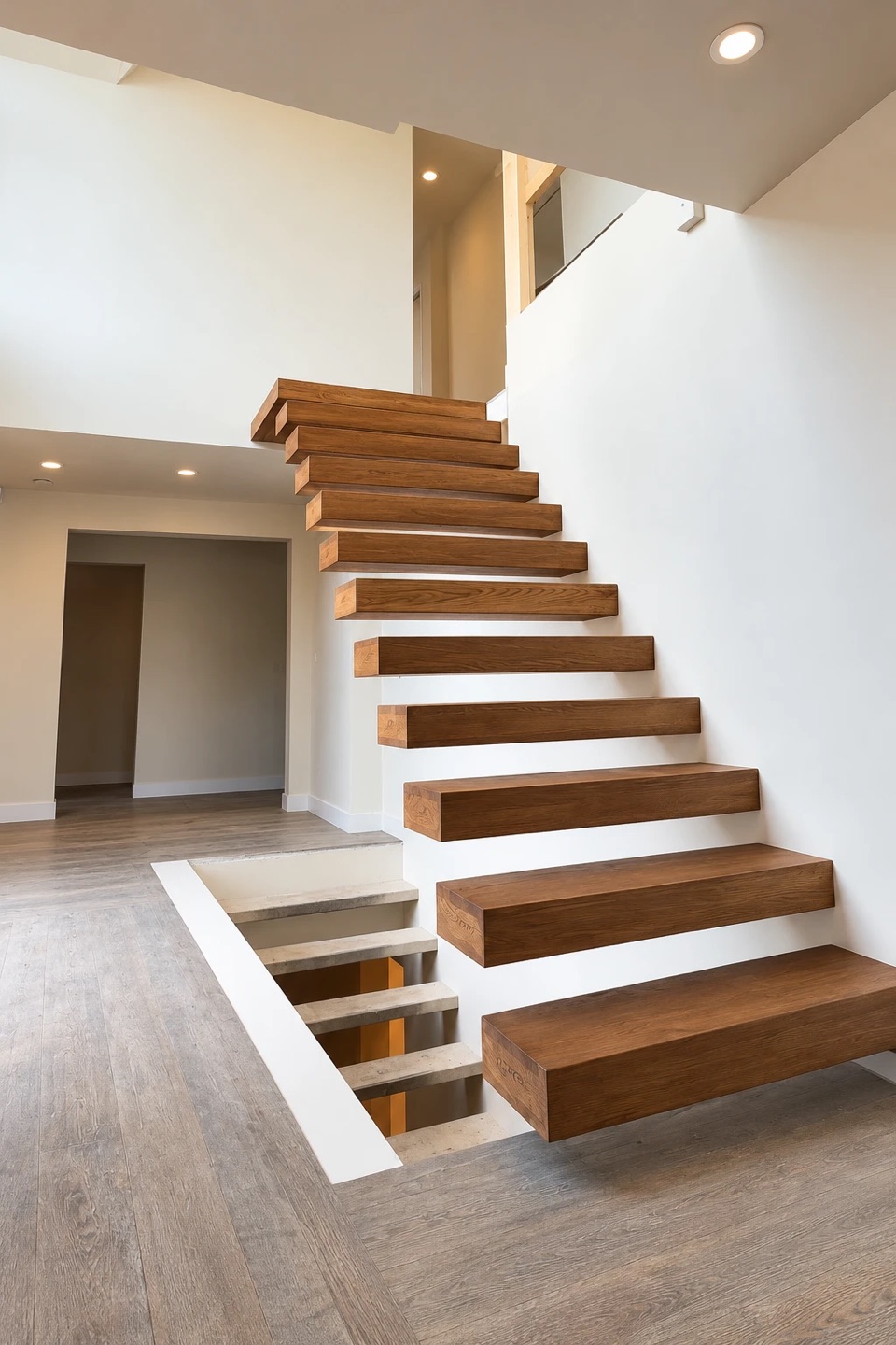 Cantilevered staircase with oak treads in an interior