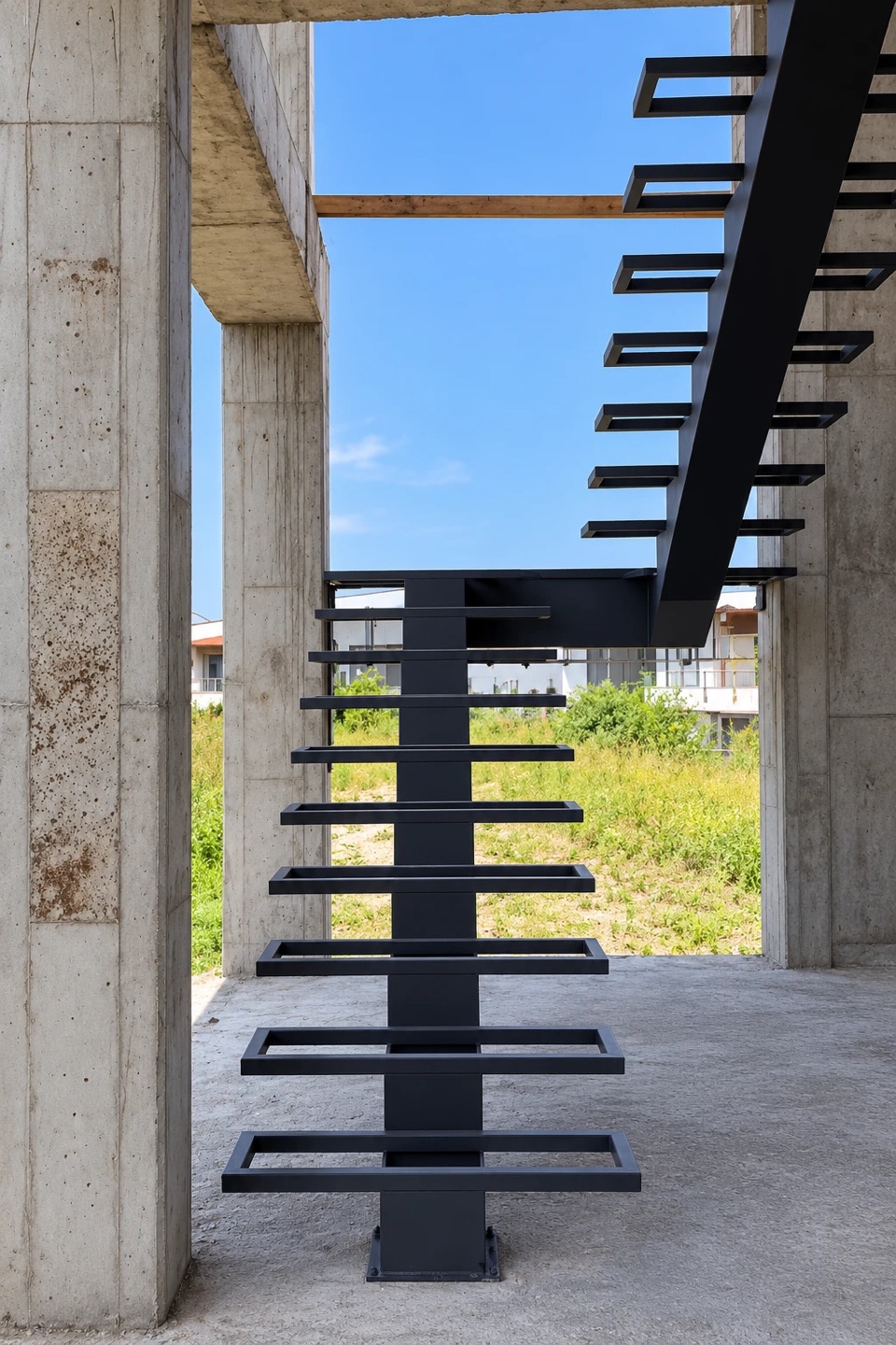 Tread frames of a steel staircase on a central stringer, seen from below