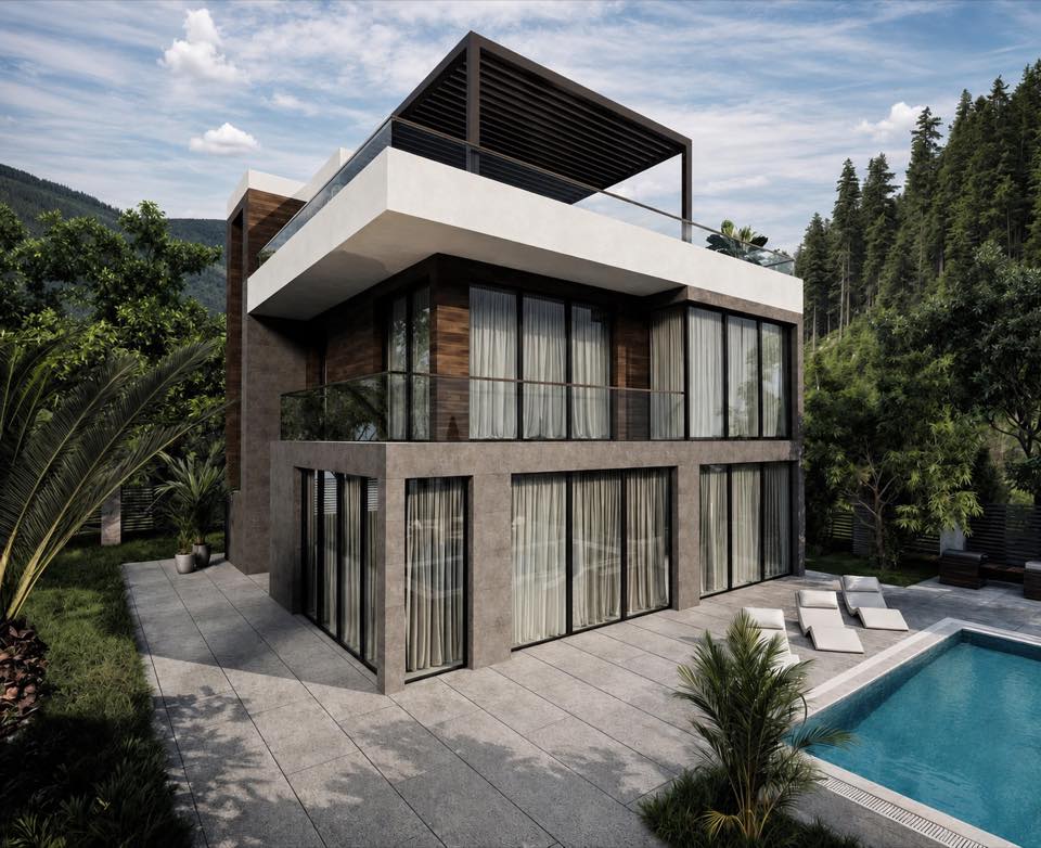 3D visualization of a two-storey villa with a pool and a roof terrace