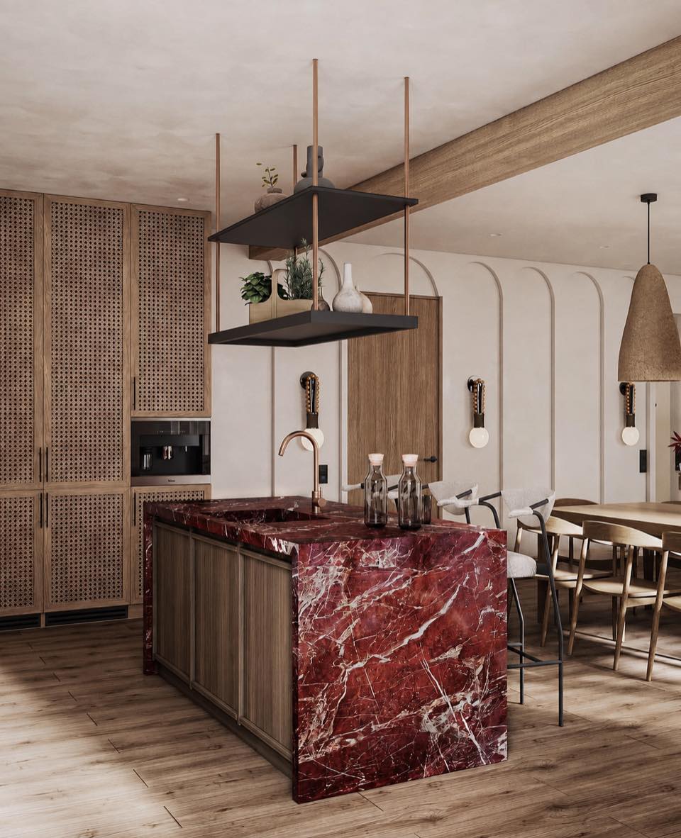 3D visualization of a kitchen and dining area with a red marble island