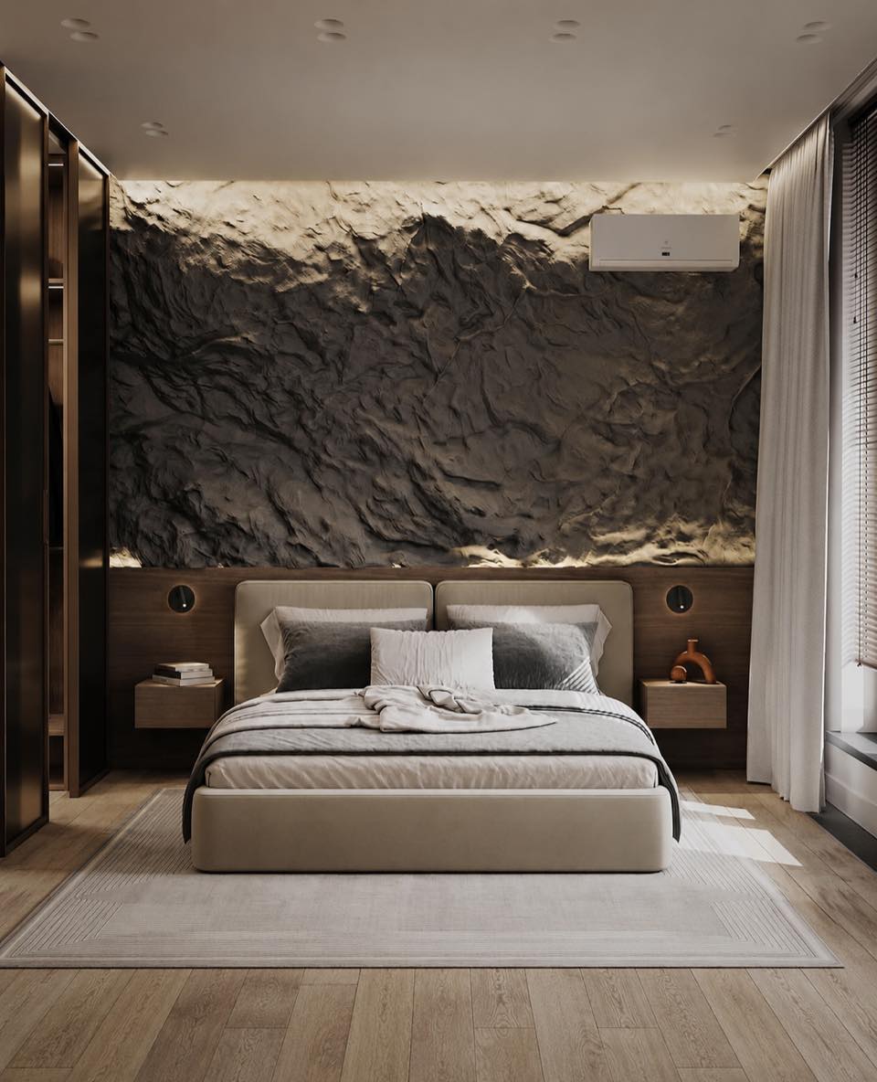 3D visualization of a bedroom with a relief wall and cove lighting