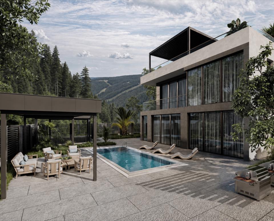 3D visualization of a terrace with a pool, canopy and seating area