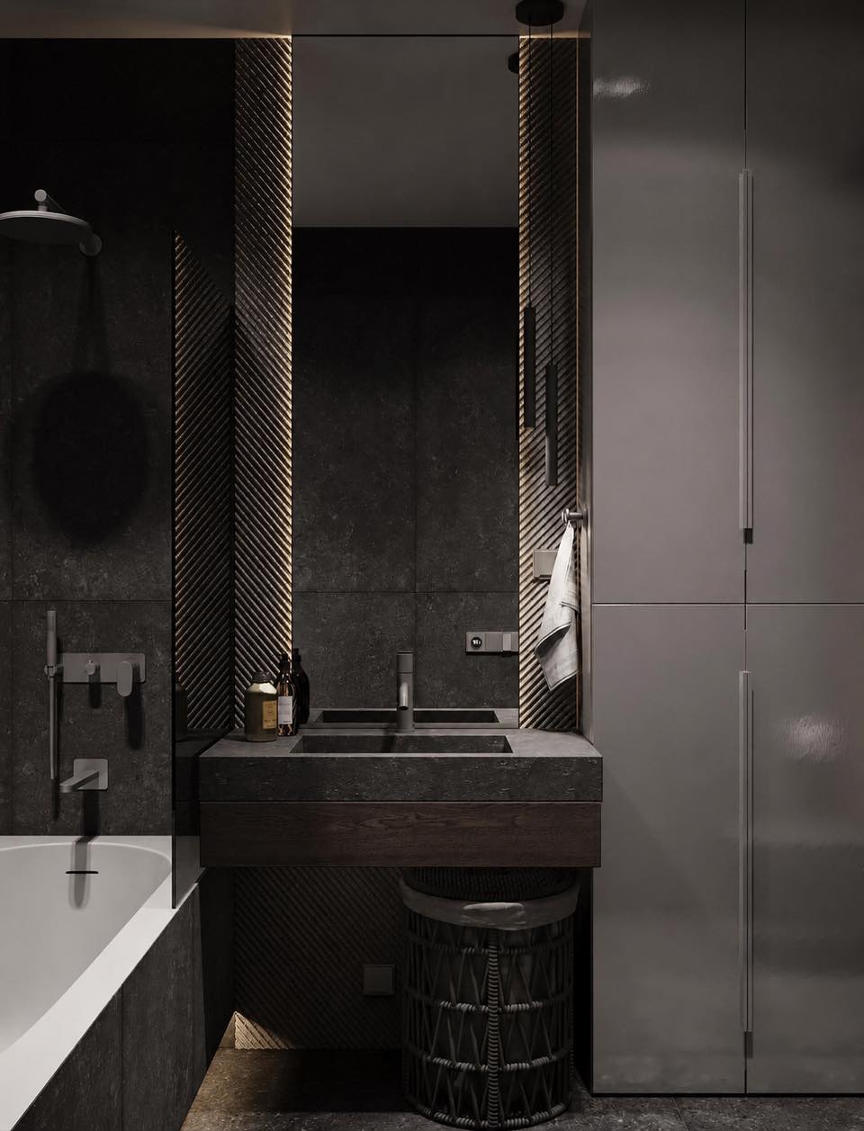 3D visualization of a bathroom in dark stone with cove lighting