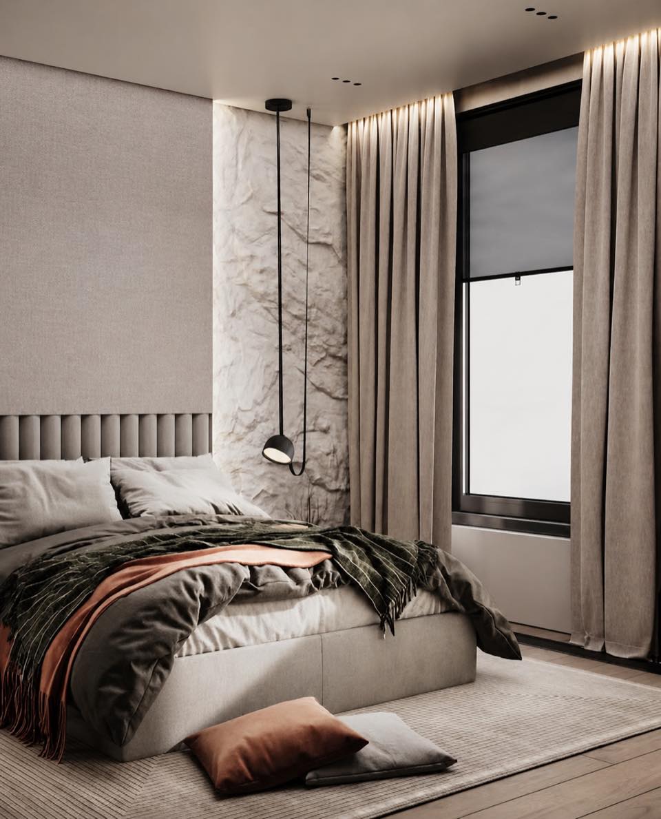 3D visualization of a bedroom with a stone wall behind the headboard