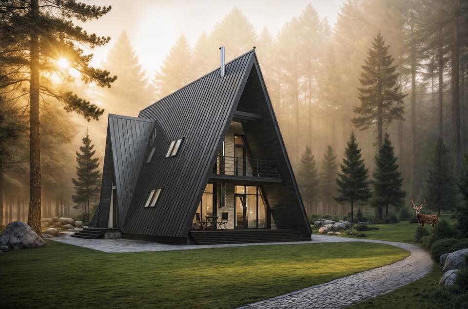 3D visualization of a gable-roof house in a pine forest