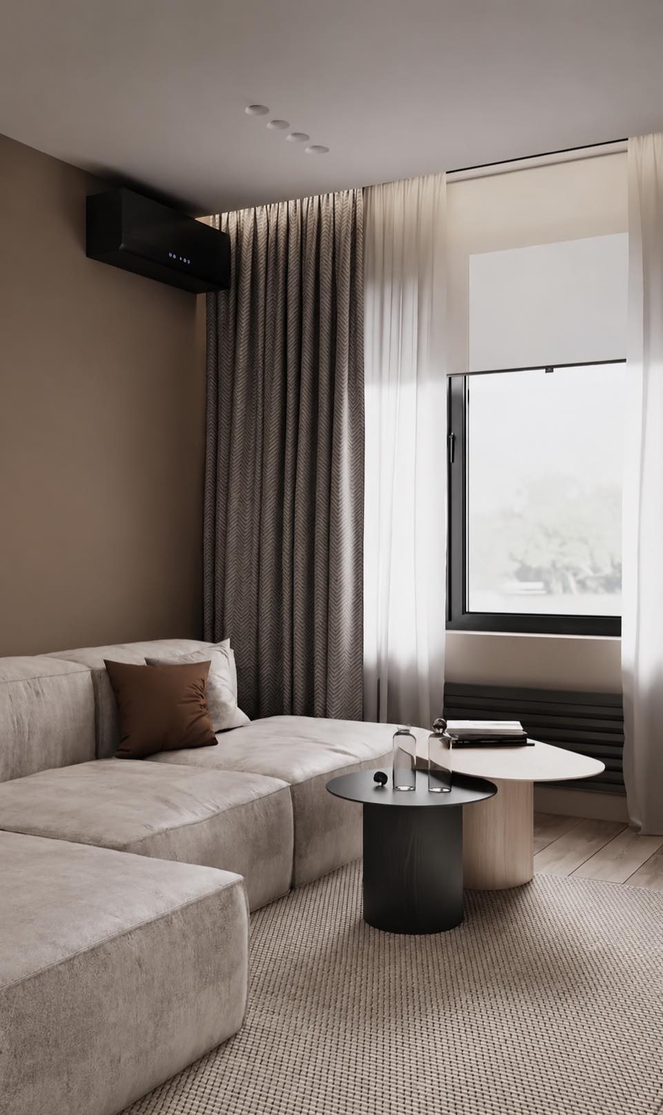 3D visualization of a living room with a modular sofa by the window