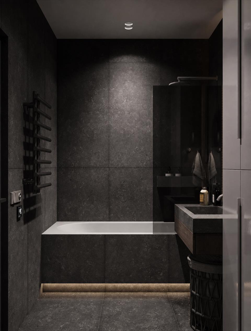3D visualization of a bathroom, bath area with a towel radiator