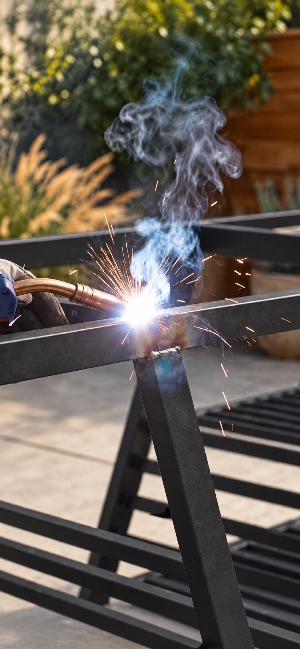 Close-up of welding the joint between two steel profiles